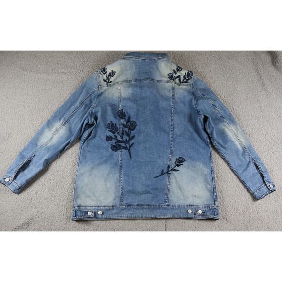 Luluroe Jacket 3XL Denim Floral Embroidered Jaxon Long Jean Jacket Boho - Picture 2 of 7